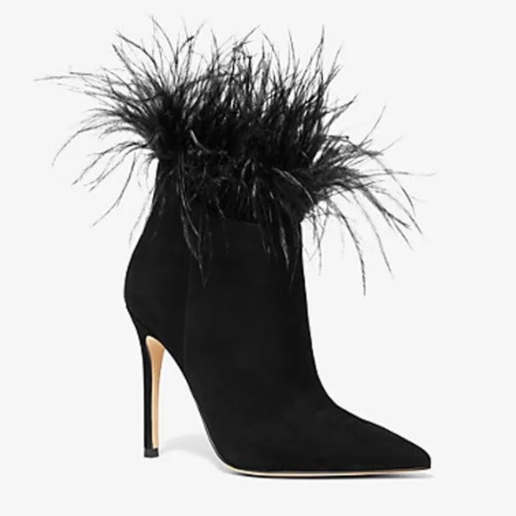 Michael Kors Shoes - MICHAEL KORS Ostrich Feather Trim Suede Ankle Boot, Classic Black, Size 8.5